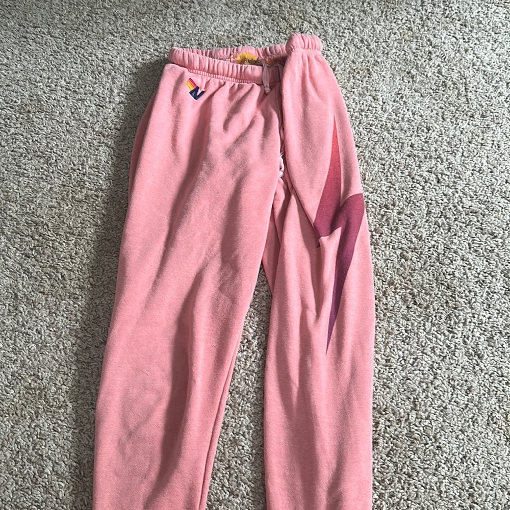 Aviator Nation Pink Sweatpants with Purple and Yellow Accents